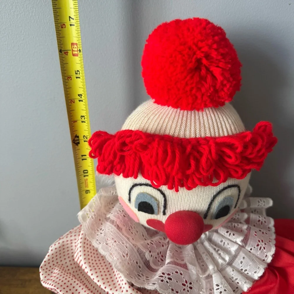 Vintage Large 26‎ Inch Cloth Clown Doll Red White Polka Dot Lace Yarn Hair